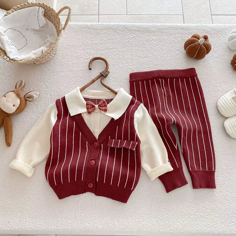 New Autumn Baby One Year Old Set 3-24M Vertical Stripes Boys' Red Suit Handsome Toddler Thin Knitted Two-Piece Set