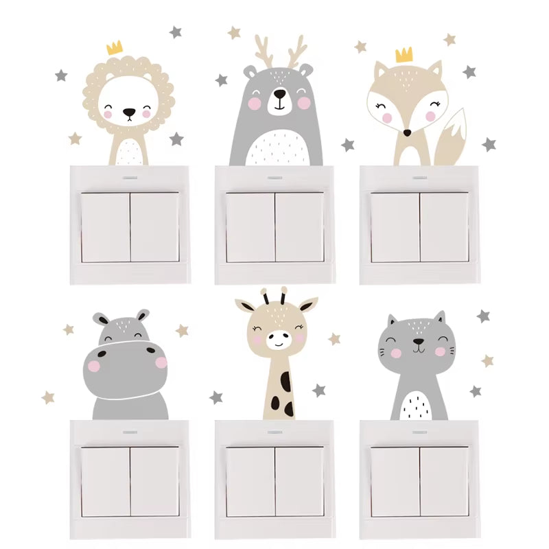 6Pcs/Set Boho Color Cute Smile Cartoon Animals Switch Stickers for Wall Kids Room Baby Nursery Room Wall Decals Stars Home Decor