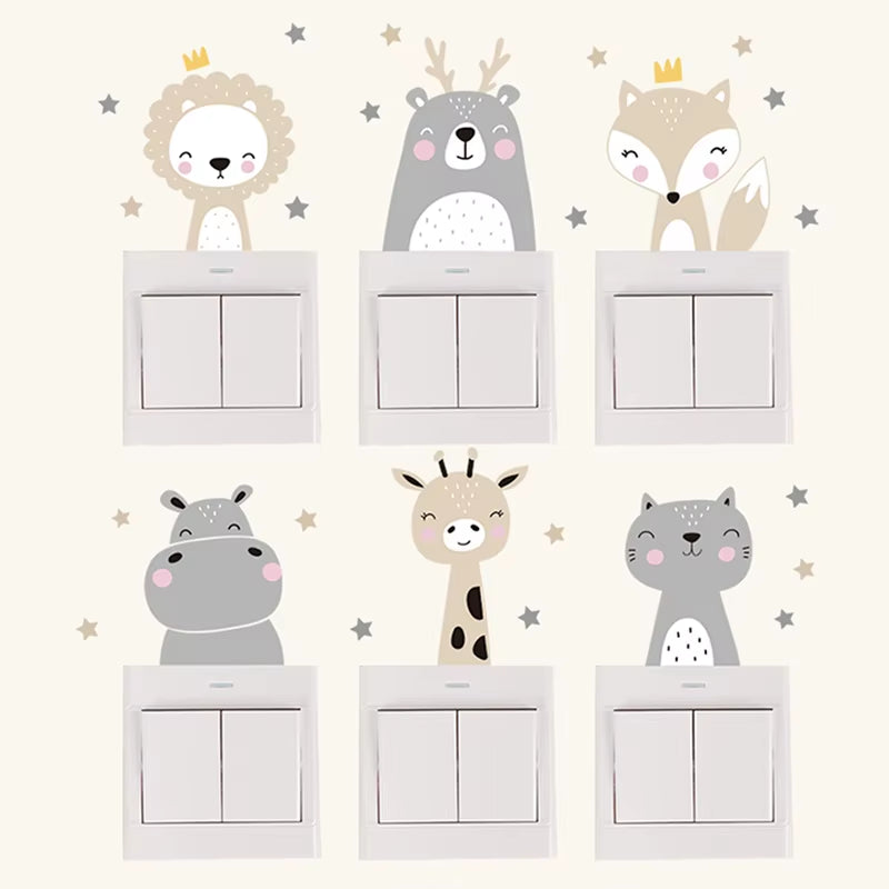 6Pcs/Set Boho Color Cute Smile Cartoon Animals Switch Stickers for Wall Kids Room Baby Nursery Room Wall Decals Stars Home Decor