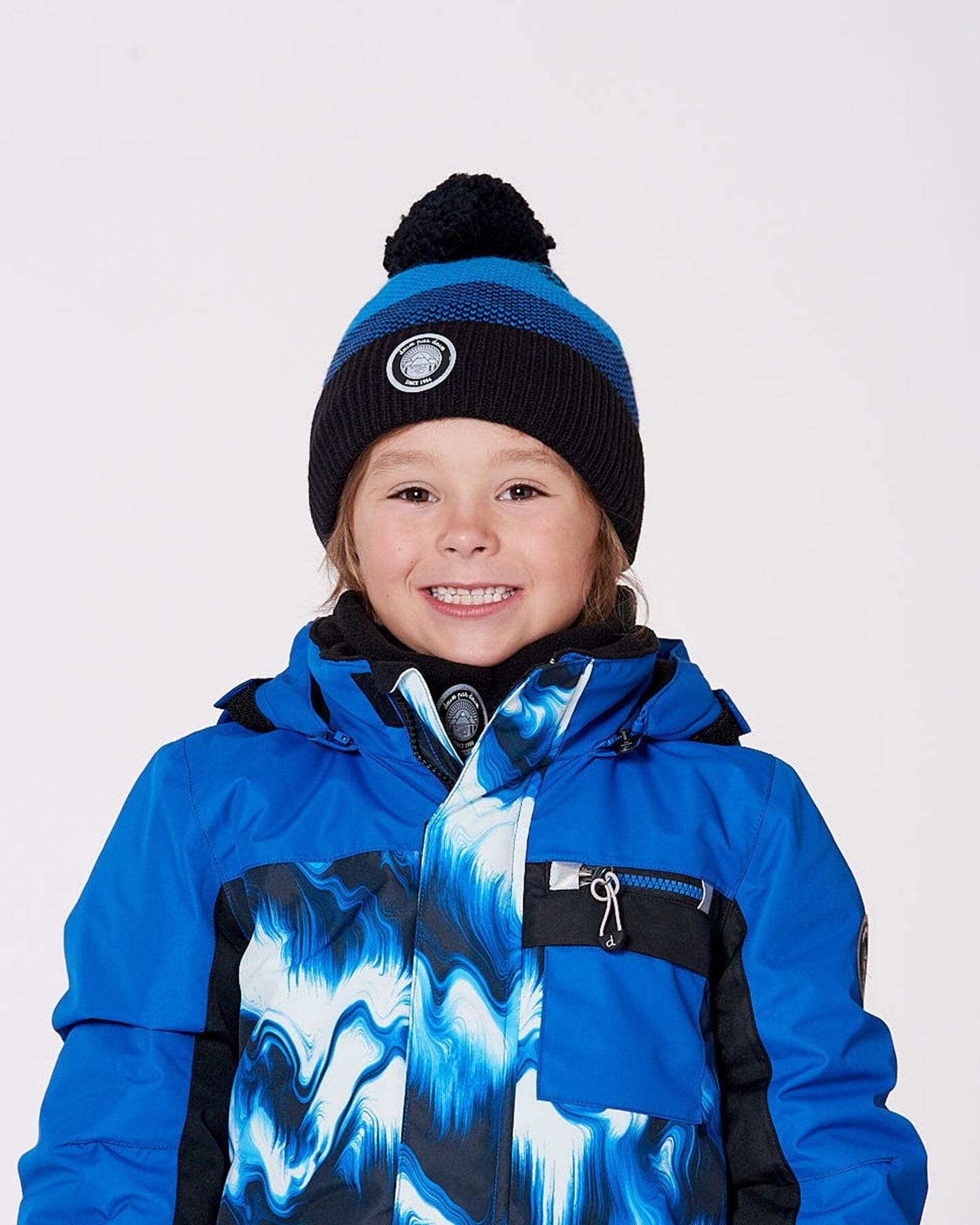 Lined Knit Winter Hat With Pompom Black And Blue