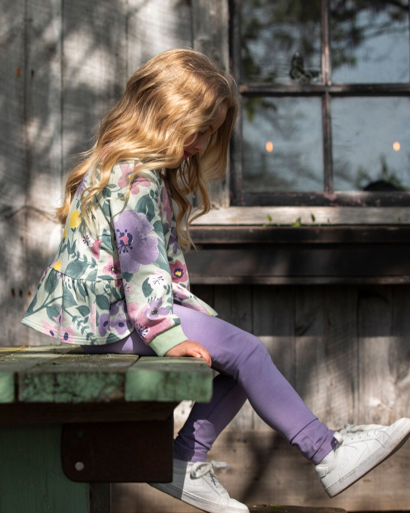 Organic Cotton Jersey Leggings Purple Gray With Floral Detail