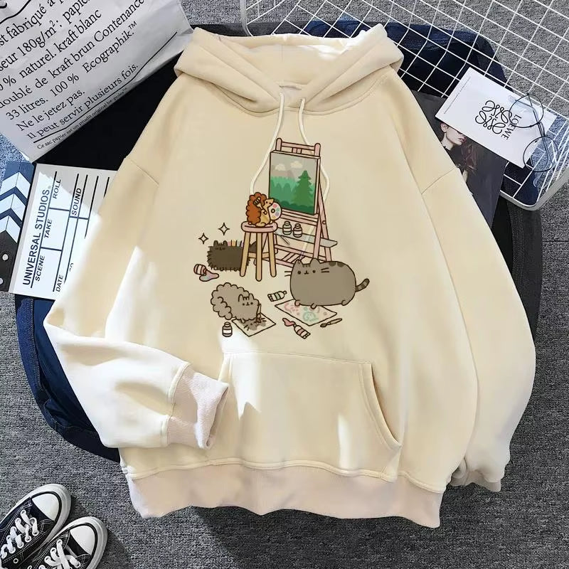 Women'S Cat Hooded Sweatshirt 2024 Cartoon Costume Korean Harajuku Kawai Style Oversized