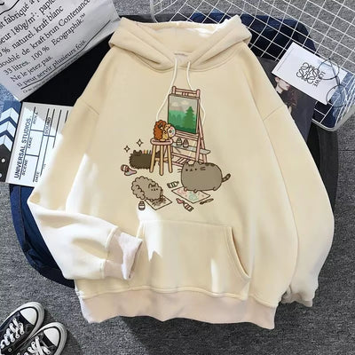 Women'S Cat Hooded Sweatshirt 2024 Cartoon Costume Korean Harajuku Kawai Style Oversized