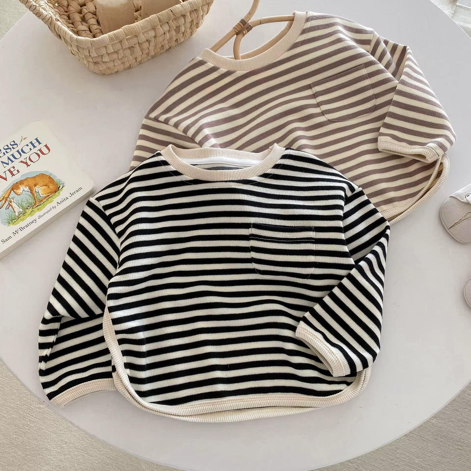 New 2024 Autumn Children'S Hoodies 1-5Y Boys Casual Striped Pullover Girls Loose O-Neck Sweatshirt Base Top
