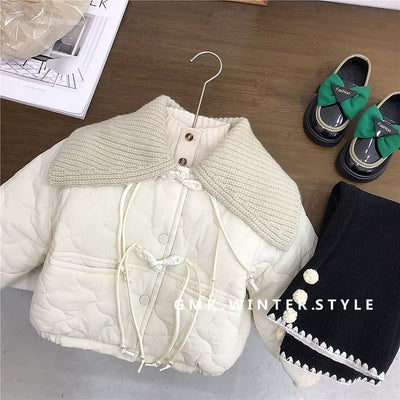 Girls' Flannel Cotton Coat Autumn and Winter Styles, Children'S Retro Buckle Korean Version Yarn Collar Cotton Clothing Trend