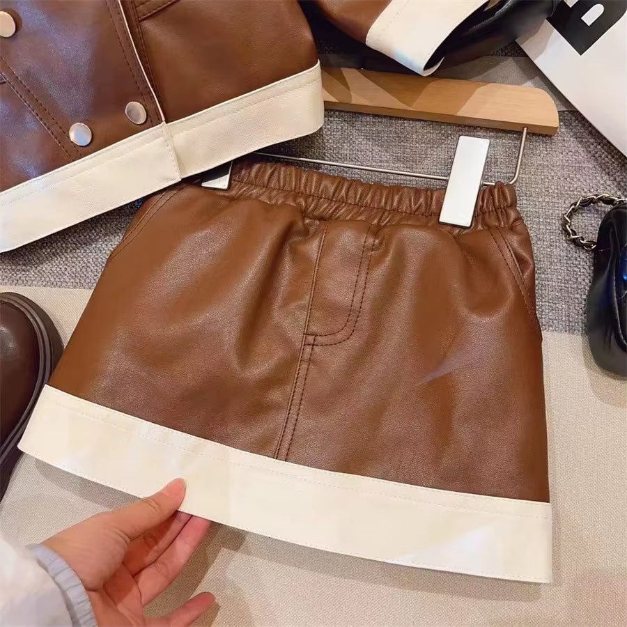 New Girls Set Autumn Collection 2024 Stylish Leather Jacket Short Skirt Childrens Wear Two Piece Set