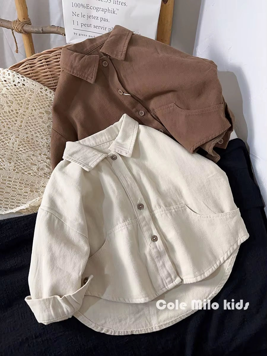 Korean Boys' Shirt Long Sleeved Spring and Autumn 2024 New Girls' Shirt Baby Top Children'S Cardigan Outdoor Wear