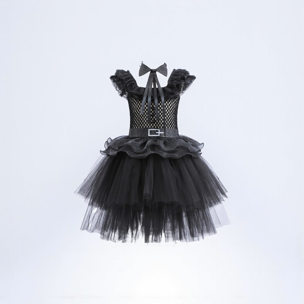Gothic Kids Black Mesh Fluffy Wednesday Halloween Dress