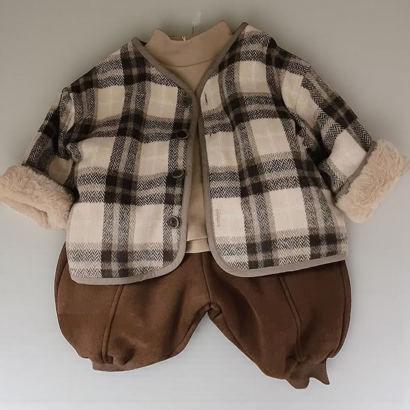 Korean Kids' Woolen Plaid Plush Coat – Autumn/Winter