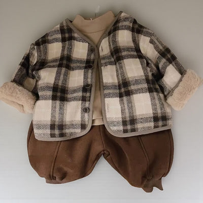 Korean Kids' Woolen Plaid Plush Coat – Autumn/Winter