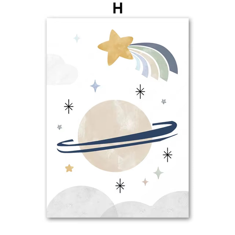 Sun Rainbow Moon Stars Planet Rocket Cartoon Explore Wall Art Canvas Painting Posters and Prints Pictures Baby Kids Room Decor