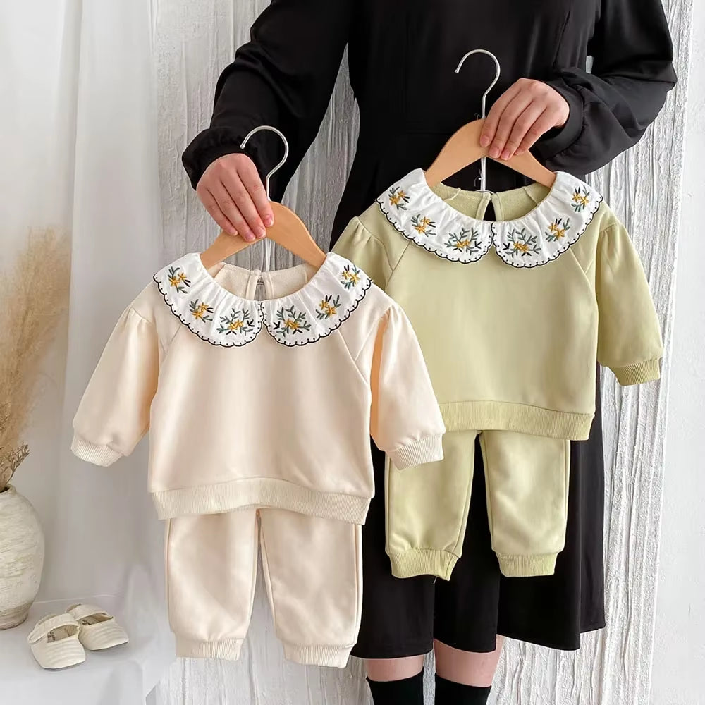 2024 Autumn Children'S Clothing Set 0-4Y Girls Embroider Doll Collar Hoodies Suit Kid'S Pullover and Pants 2Pcs