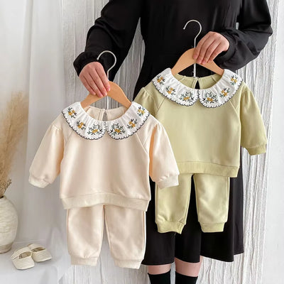 2024 Autumn Children'S Clothing Set 0-4Y Girls Embroider Doll Collar Hoodies Suit Kid'S Pullover and Pants 2Pcs