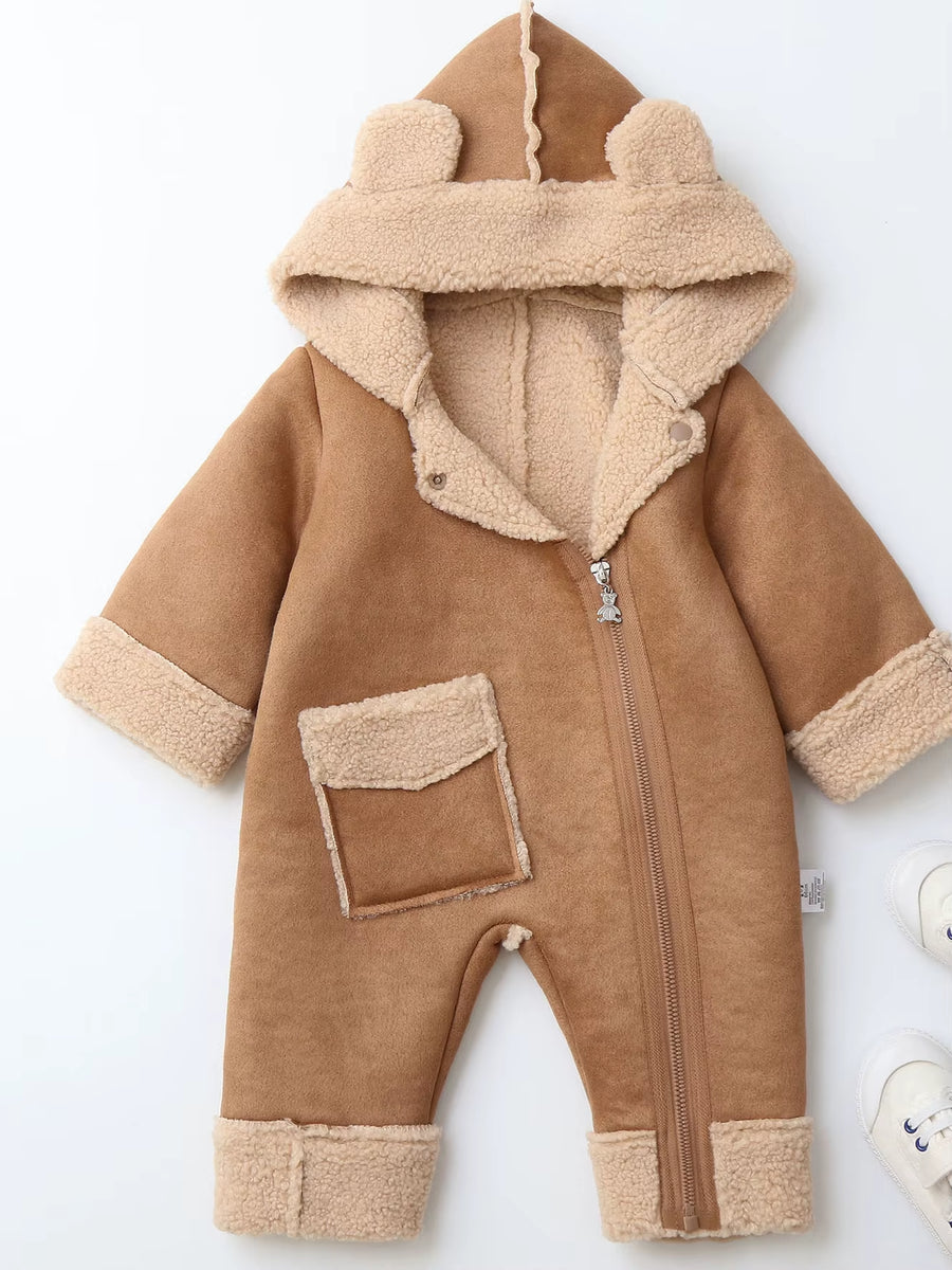 0-2Y Winter Baby Boys Clothes Fur Hoodie Girls Jumpsuits Fleece Lining Baby Rompers Windy Break Infant Outfit
