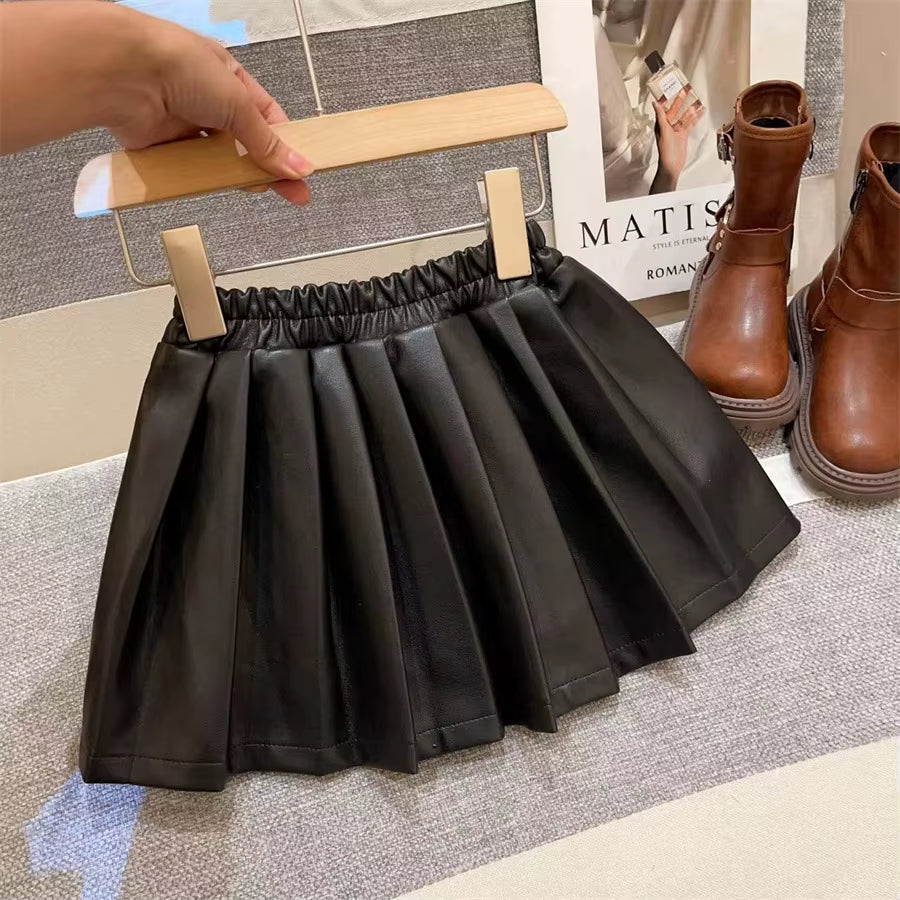 New Children'S Skirt 2025 Autumn/Winter New PU Leather Skirt Solid Color Hundred Fold Half Body Skirt Versatile