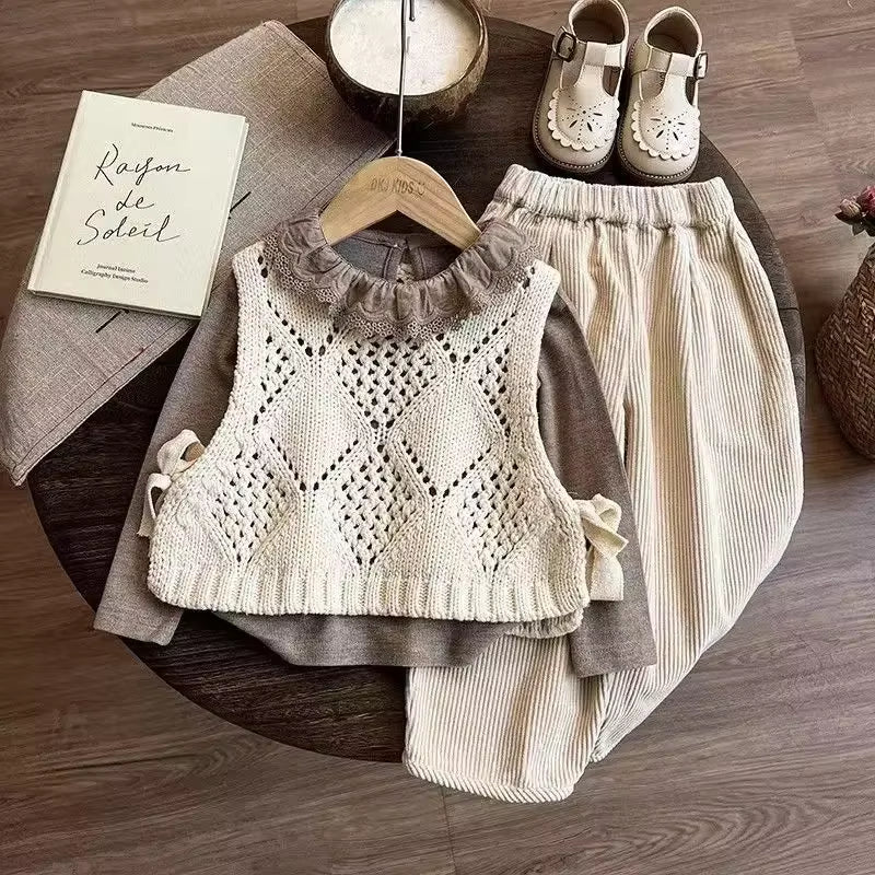 Childrens Clothing Set 2025 New Childrens Yarn Vest Base Shirt Baby Spring and Autumn Pants Three Piece Set