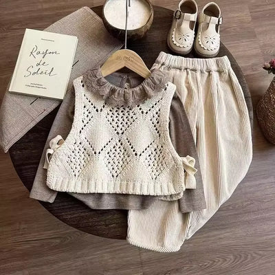 Childrens Clothing Set 2025 New Childrens Yarn Vest Base Shirt Baby Spring and Autumn Pants Three Piece Set