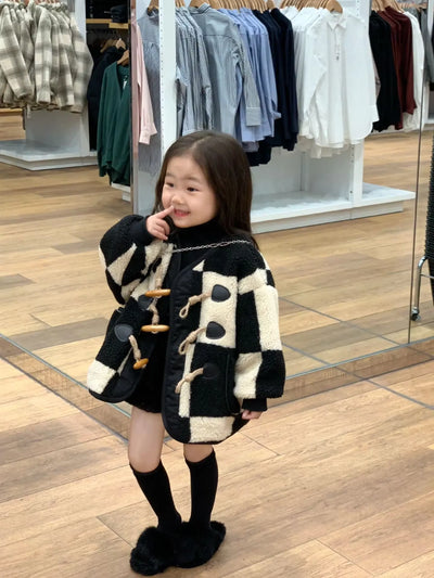 Korean Girls' Winter Clothes Fashion Thick Velvet Checkerboard Pattern Wool Sweater Cow Horn Button Lamb Wool Warm Jacket