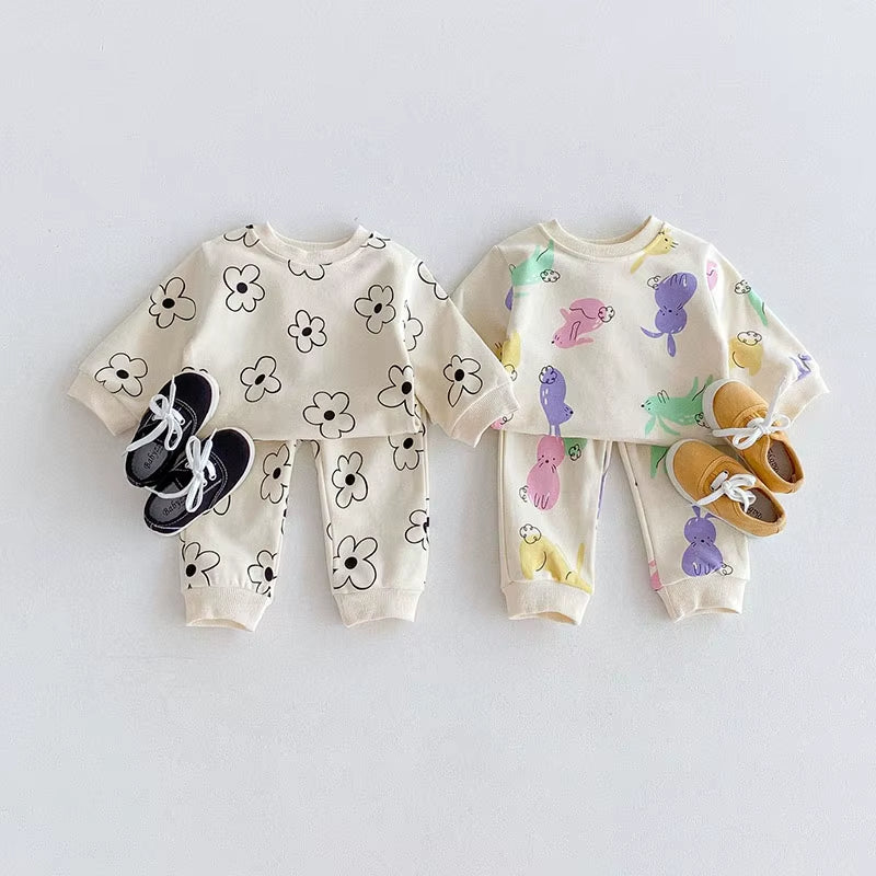 1-4Y Kids Clothing Set Cartoon Print Boys Track Suit O- Neck Hoodie and Full Length Pants 2PCS Girls Suit