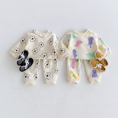 1-4Y Kids Clothing Set Cartoon Print Boys Track Suit O- Neck Hoodie and Full Length Pants 2PCS Girls Suit