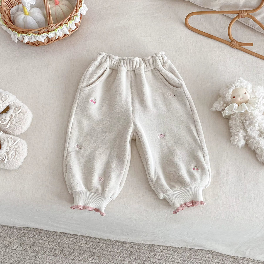 0-5 Y Winter Girls Pants Brushed Fleece Girls Pants Cartoon Embroidery Girls Trousers Warm Lining Kids Full Length Pants