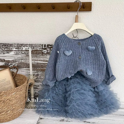 Girls' Sweater Set 2025 Autumn/Winter New Korean Edition Love Western Style Knitted Cardigan Princess Two Piece Set Trendy