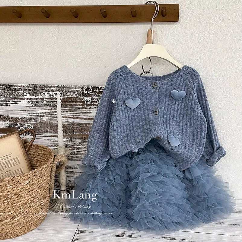 Girls' Sweater Set 2025 Autumn/Winter New Korean Edition Love Western Style Knitted Cardigan Princess Two Piece Set Trendy