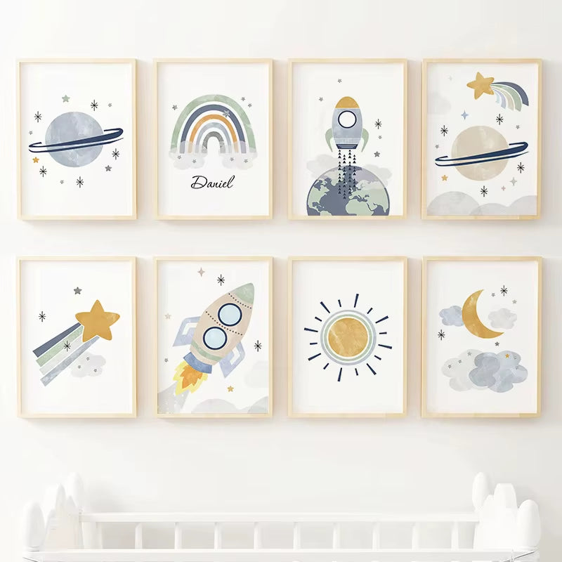 Sun Rainbow Moon Stars Planet Rocket Cartoon Explore Wall Art Canvas Painting Posters and Prints Pictures Baby Kids Room Decor