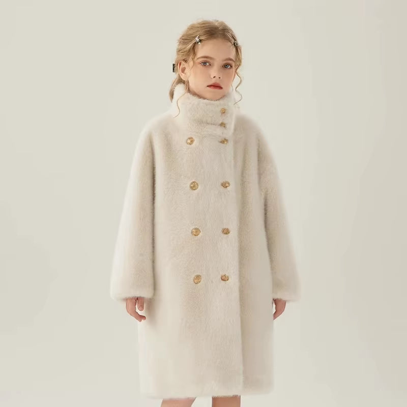 Children Fur Coat Autumn Winter Girls Imitation Mink Fur Little Girls Medium Length Cotton Clip Thickened Faux Fur Coat