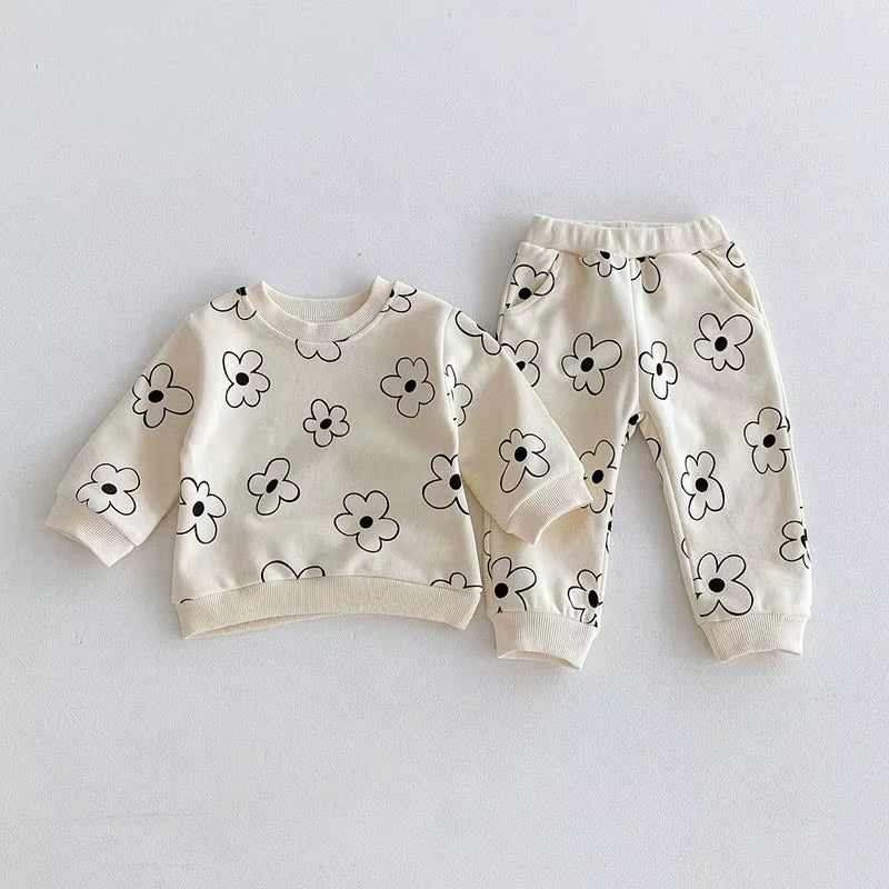 1-4Y Kids Clothing Set Cartoon Print Boys Track Suit O- Neck Hoodie and Full Length Pants 2PCS Girls Suit