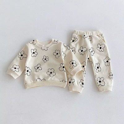1-4Y Kids Clothing Set Cartoon Print Boys Track Suit O- Neck Hoodie and Full Length Pants 2PCS Girls Suit