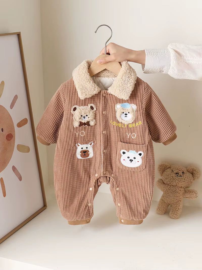 New Winter Baby Rompers 0-15M Cartoon Bear Thicken Infant Girls Jumpsuit Korean Loose Toddler Fleece Padded Clothes