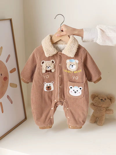 New Winter Baby Rompers 0-15M Cartoon Bear Thicken Infant Girls Jumpsuit Korean Loose Toddler Fleece Padded Clothes