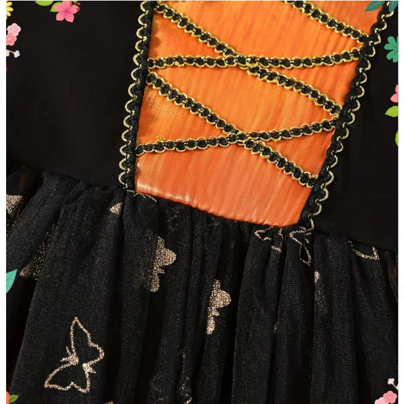 Halloween Disguised Fancy Girl Pumpkin Print Witch Princess Dress Masquerade Party Performance Clothing Cosplay