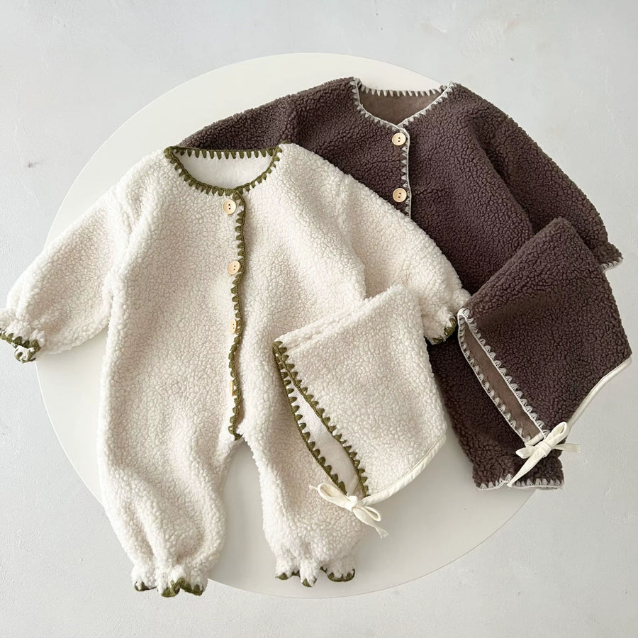 2025 Winter New in Infant Kids Thicken Plush Warm Outfits ,Toddler Baby Overlock Jumpsuits Newborn Romper Gift Hat 0-3Y