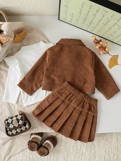 Baby Girl Autumn Winter Trendy Three Pieces Jacket Black High Collar Knitted Solid Long Sleevetop Skirt Street Party Clothesset