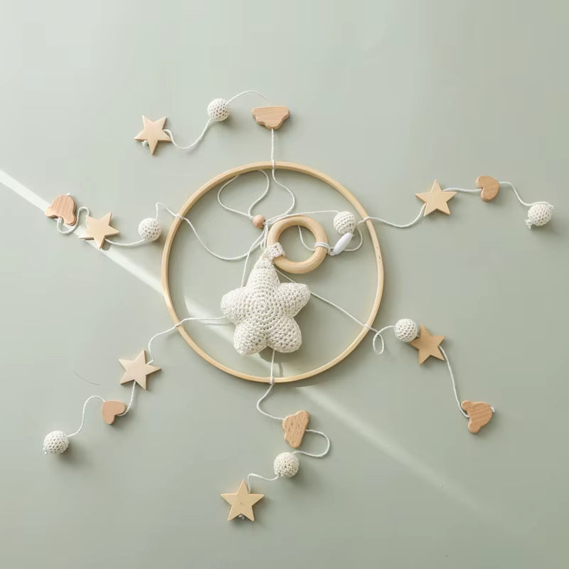 Baby Crib Mobile Bed Bell Rattle Toys Wooden Crochet Stars Pendant Bed Bell Toys Newborn Comfort Crib Bracket Hanging Toys Gifts