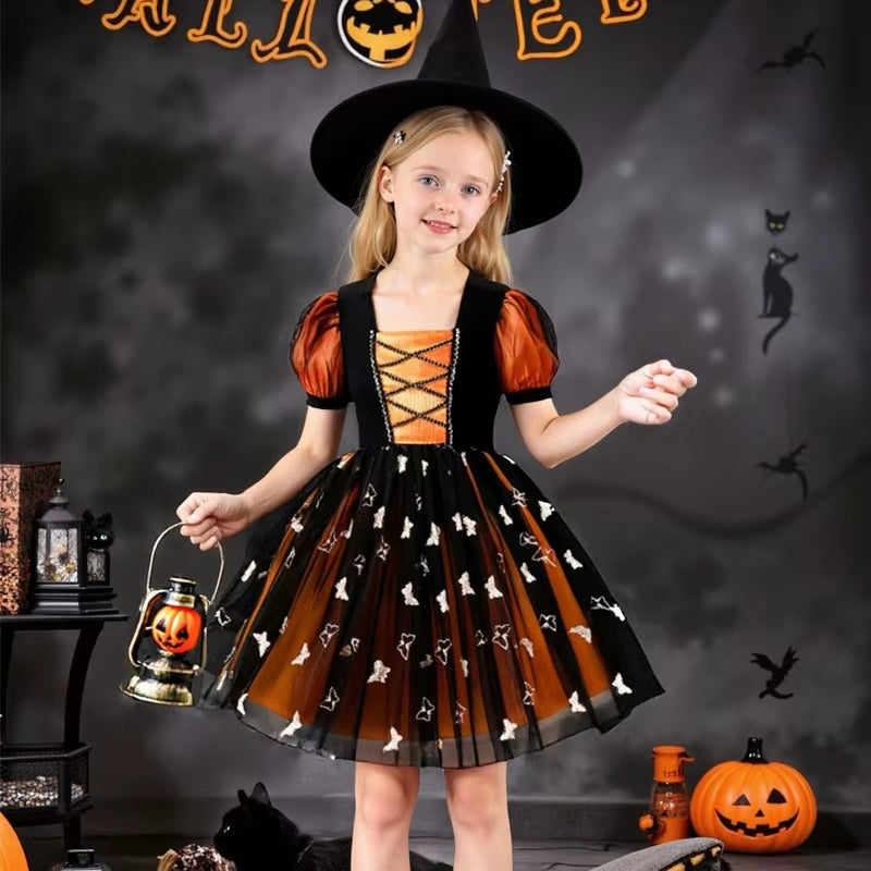 Halloween Disguised Fancy Girl Pumpkin Print Witch Princess Dress Masquerade Party Performance Clothing Cosplay