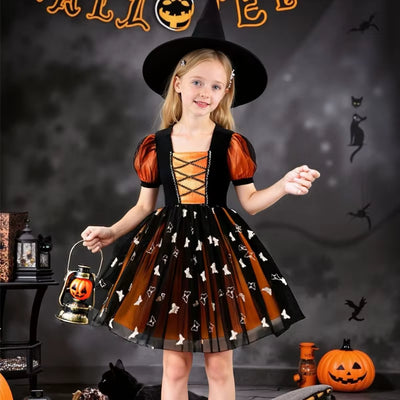 Halloween Disguised Fancy Girl Pumpkin Print Witch Princess Dress Masquerade Party Performance Clothing Cosplay