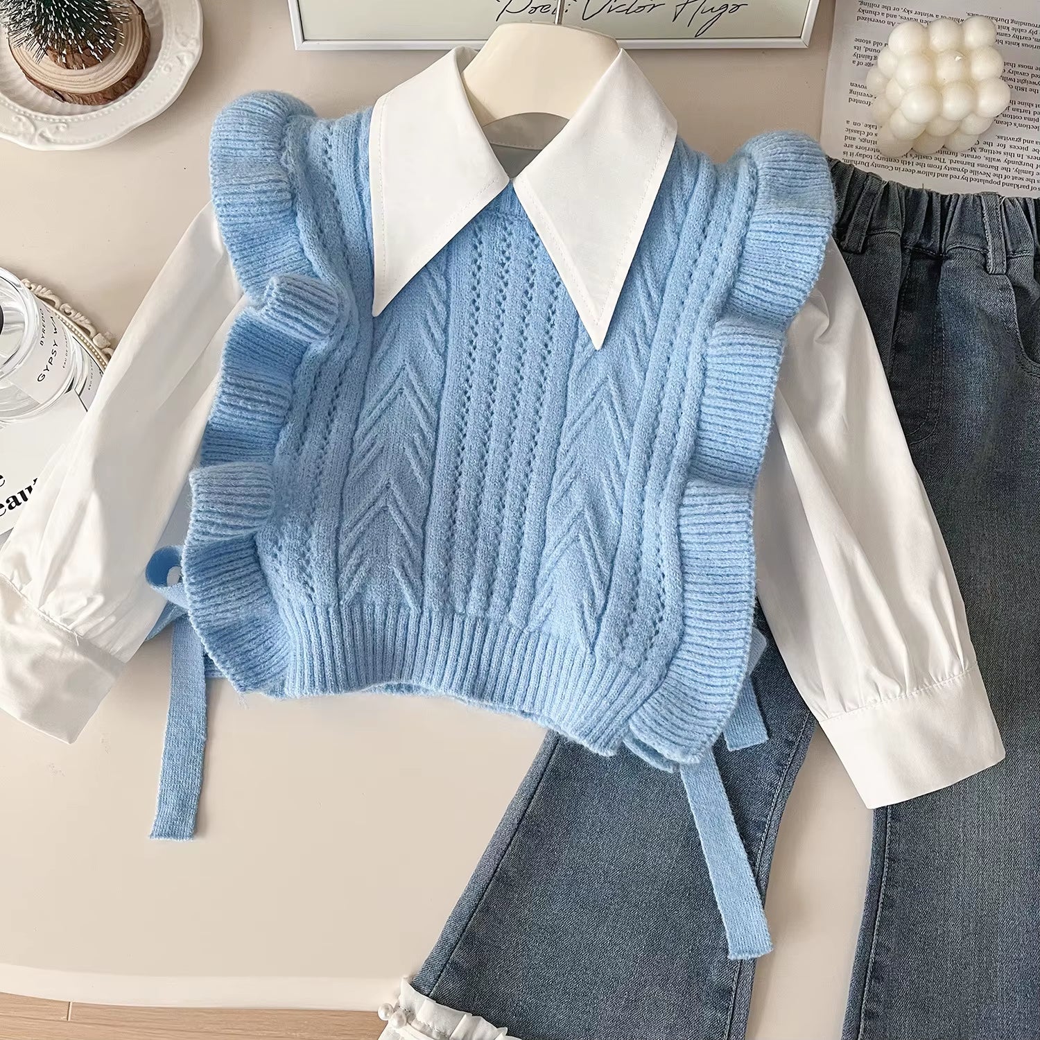 Childrens Clothing Set 2024 New Girls Autumn Clothing Knitted Vest White Shirt Jeans Three Piece Set