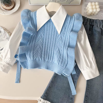Childrens Clothing Set 2024 New Girls Autumn Clothing Knitted Vest White Shirt Jeans Three Piece Set