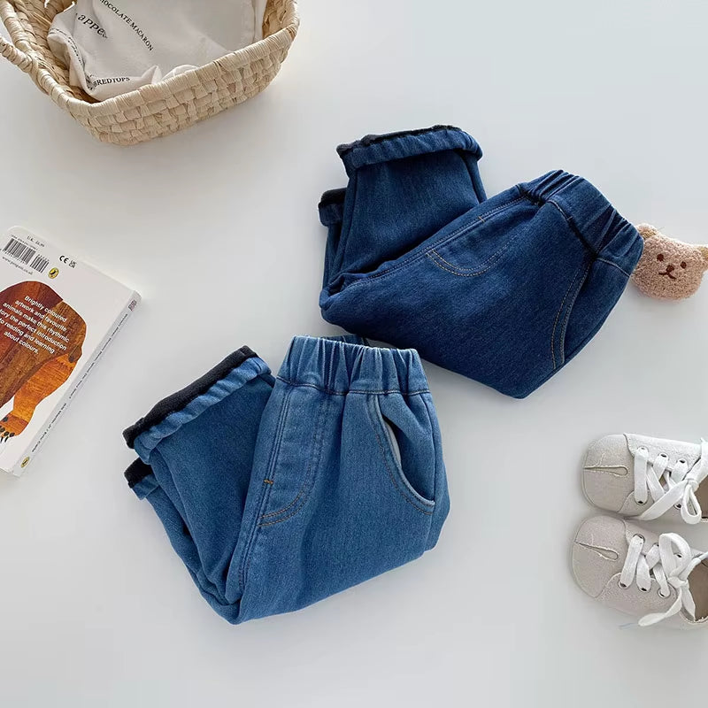 New Winter Kids Jeans 0-5T Girls Cute Solid Color Thicken Denim Blue Pants Children Boys Lose Trousers