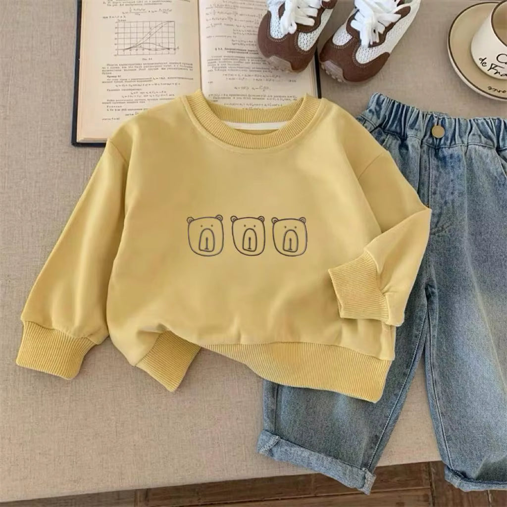 Thin Tops for Boys Girls Long-Sleeved Hoodie New Solid Color Versatile Pullover Shirt Toddler Cute Print round Neck Sweatshirts