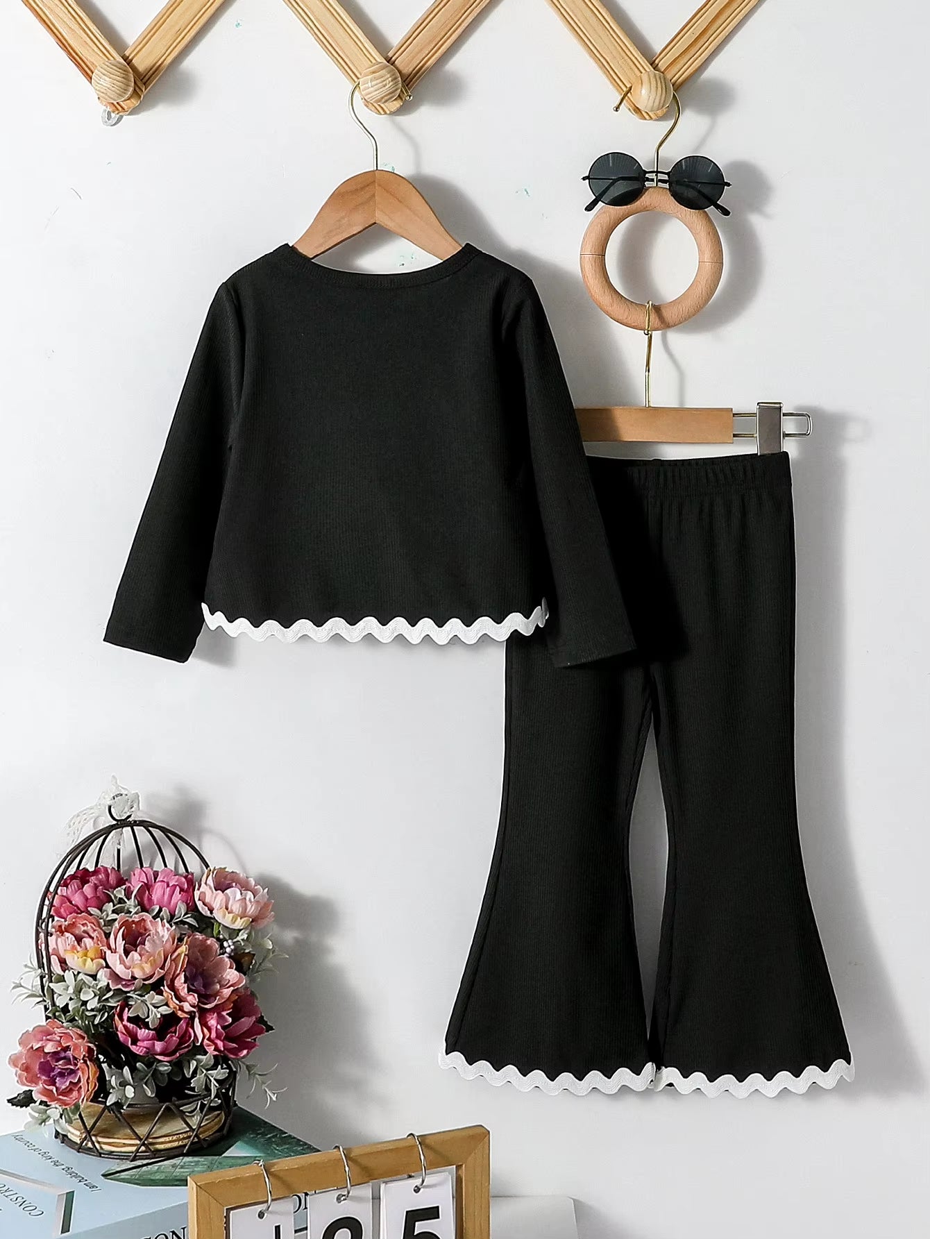 2024 Fashion New Black Stylish Girls’ Spring Autumn Long Sleeve Top &Flared Pants Suit Set for 1-6Y Streetwear