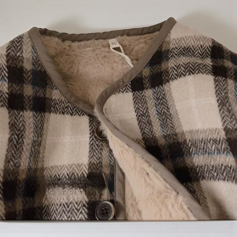 Korean Kids' Woolen Plaid Plush Coat – Autumn/Winter