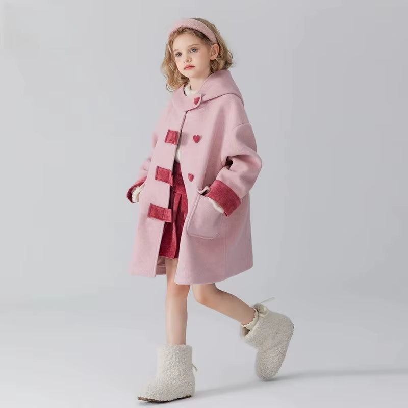 2025 New High-End Contrasting Color Girls Woolen Coat Autumn and Winter Thick Children Cotton Hooded Jacket