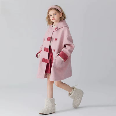 2025 New High-End Contrasting Color Girls Woolen Coat Autumn and Winter Thick Children Cotton Hooded Jacket