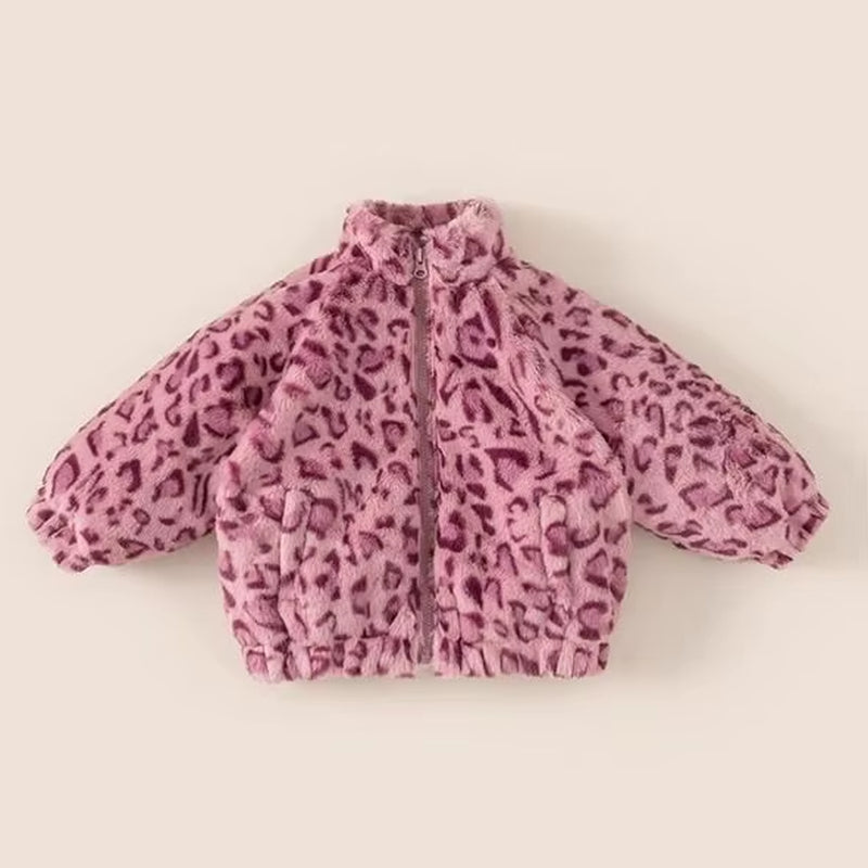 New Children'S Sweater Jacket, Girls' Winter Stylish Leopard Print Top, Baby with Plush and Thickened