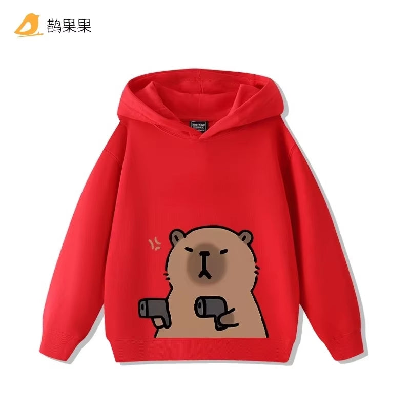 Children'S Cartoon Fun Capybara Print Casual Hooded Sweatshirt Boys Girls Fall and Winter Outdoor Comfortable Warm Hoodie