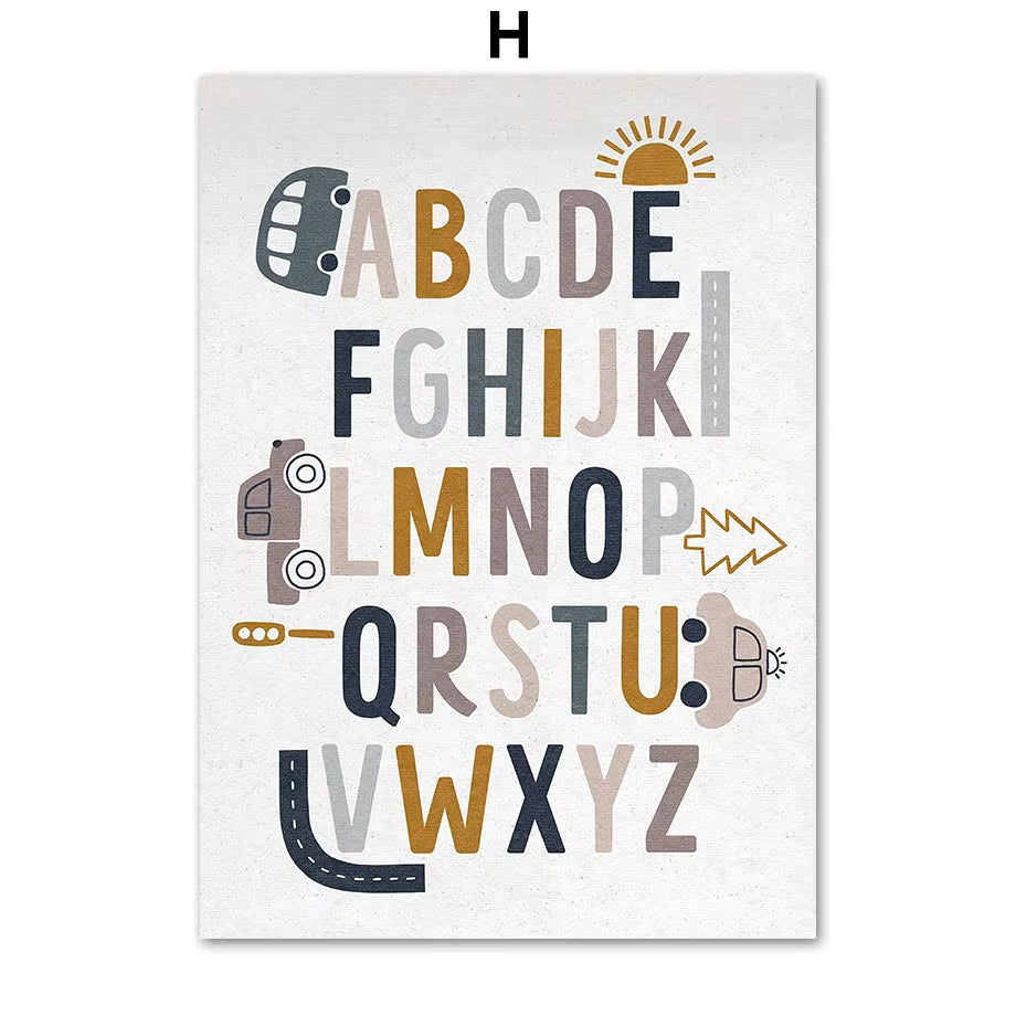 Boho Car Traffic Rainbow Alphabet Digit Wall Art Canvas Painting Nordic Cartoon Posters and Prints Pictures Baby Kids Room Decor